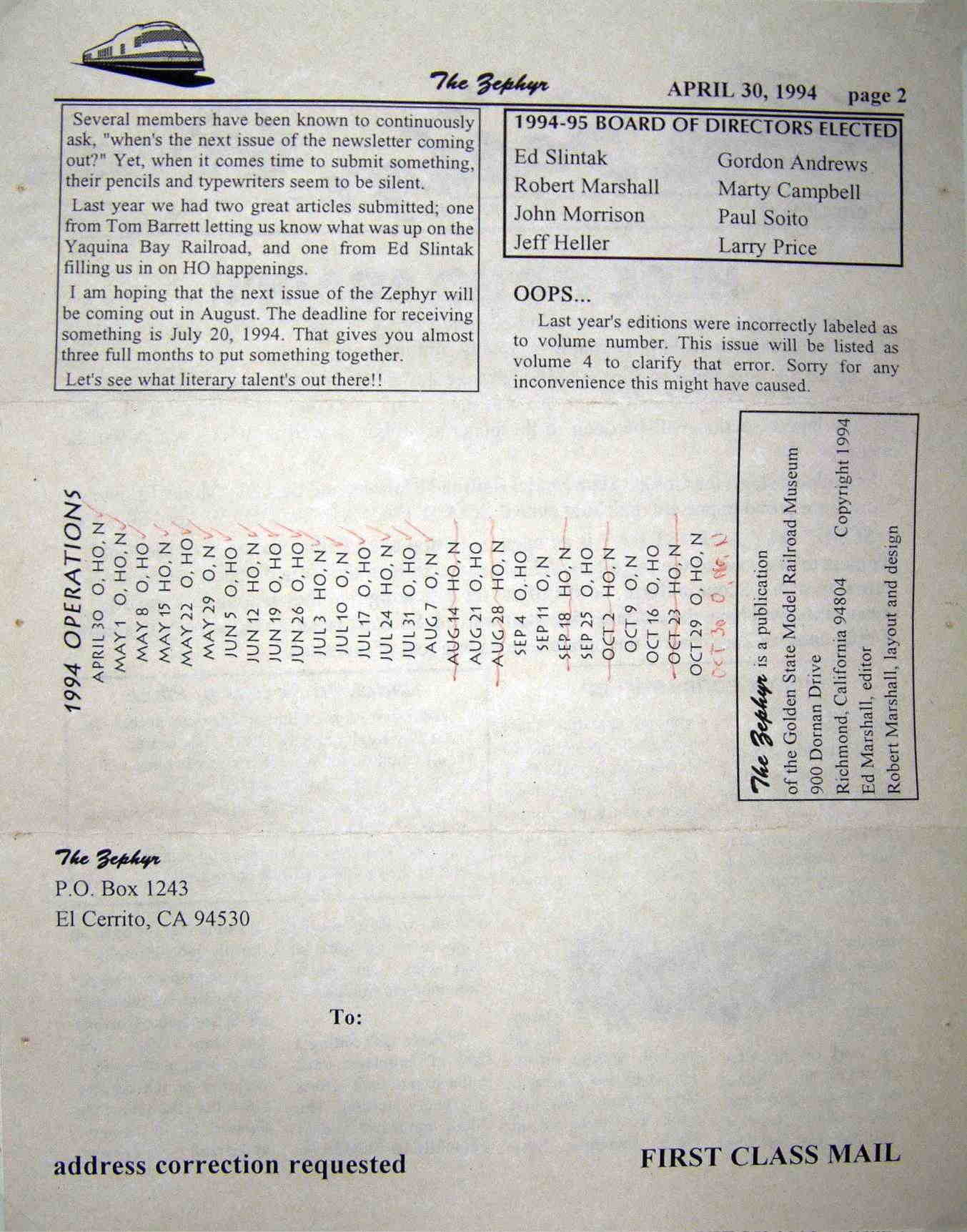 The Zephyr, back page 30 April 94
